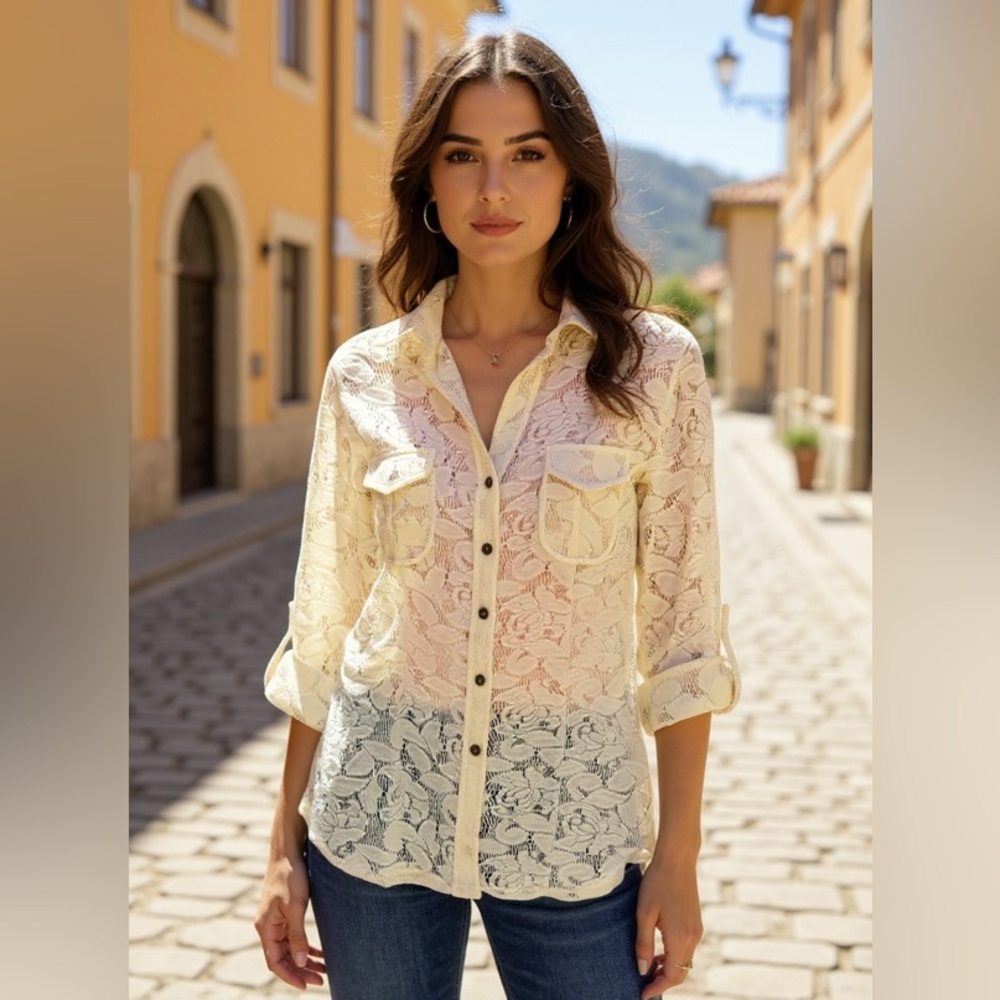 Lace Button-Up Shirt in Cream